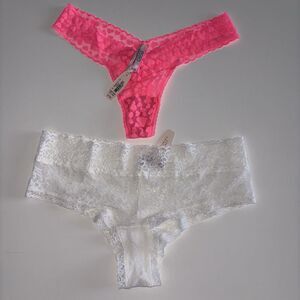 Victoria's Secret Panties Lot 2 Thong Neon Pink Heart The Lacie White Hiphugger